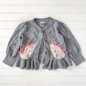 GAP VGUC Unicorn Intarsia Knit Ruffle Hem Puff Sleeves Swing Cardigan